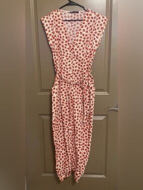 Zara White and Red Floral Belted Sleeveless Jumpsuit